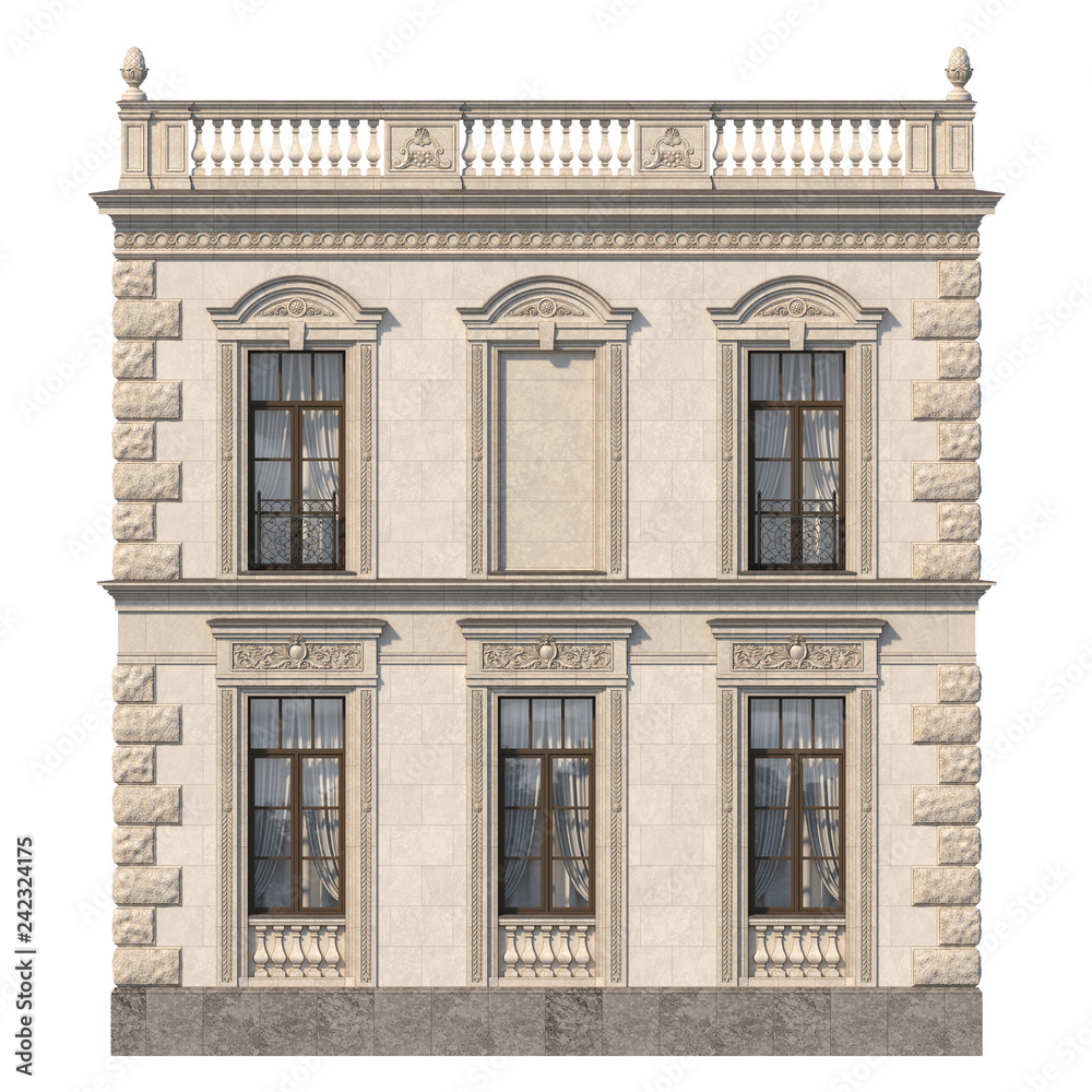 Fototapeta premium Stone facade of a classic house with windows and niche. 3d rendering