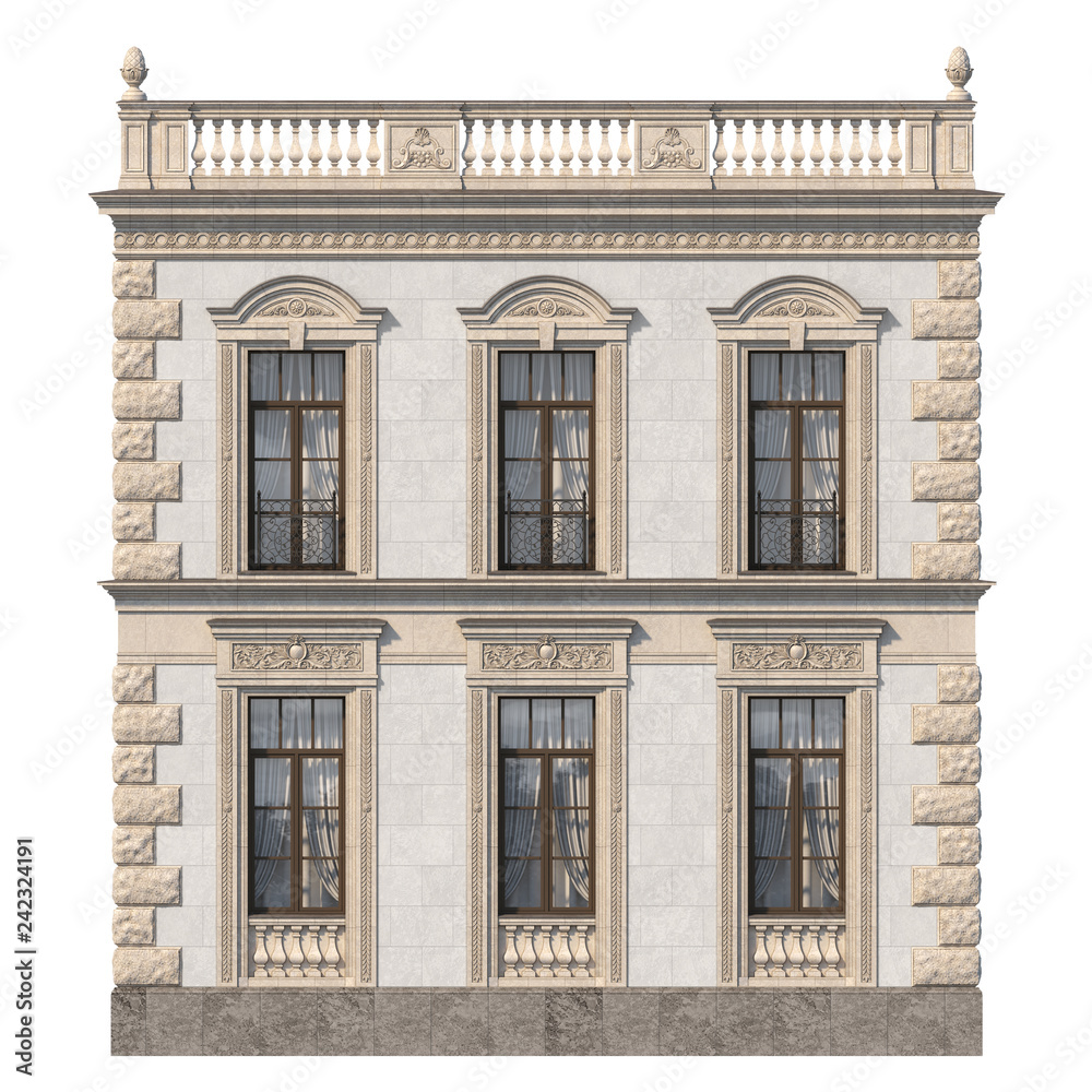 Stone facade of a classic house with windows. 3d rendering