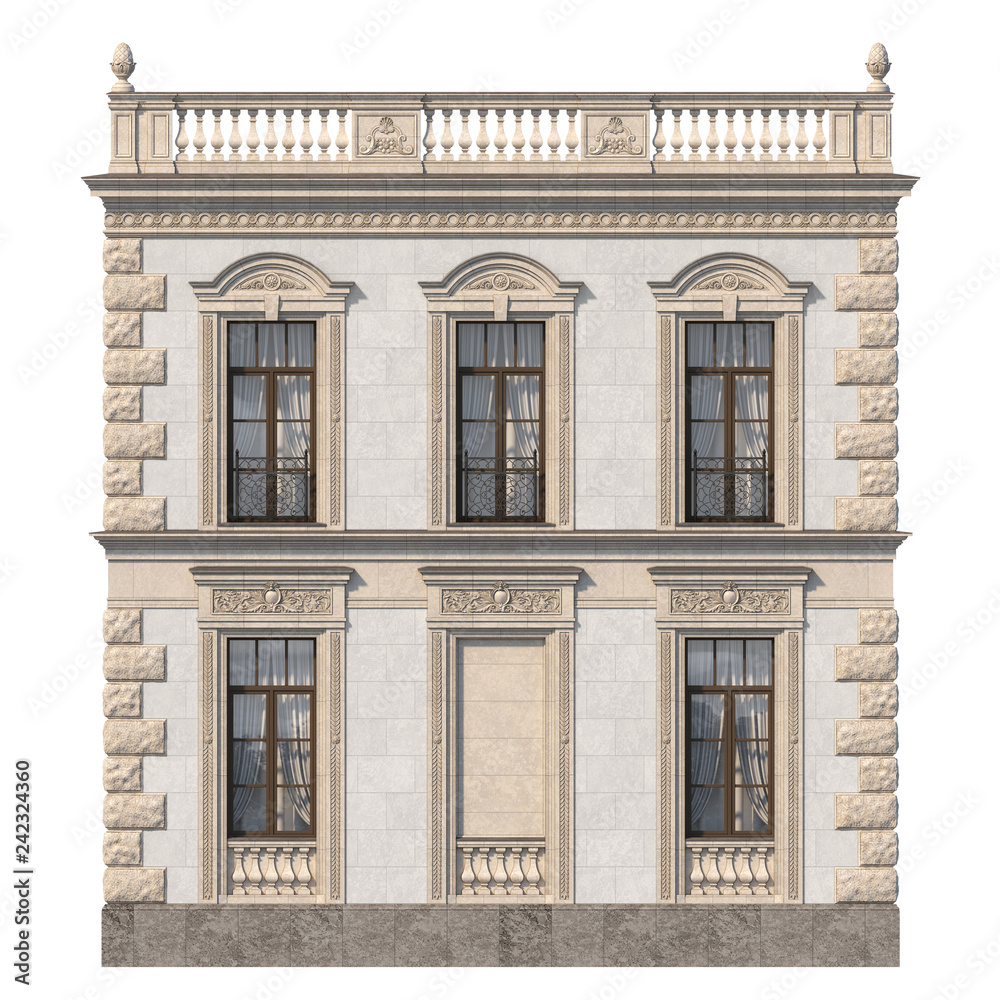 Stone facade of a classic house with windows and niche. 3d rendering Stone facade of a classic house with windows and niche. 3d rendering