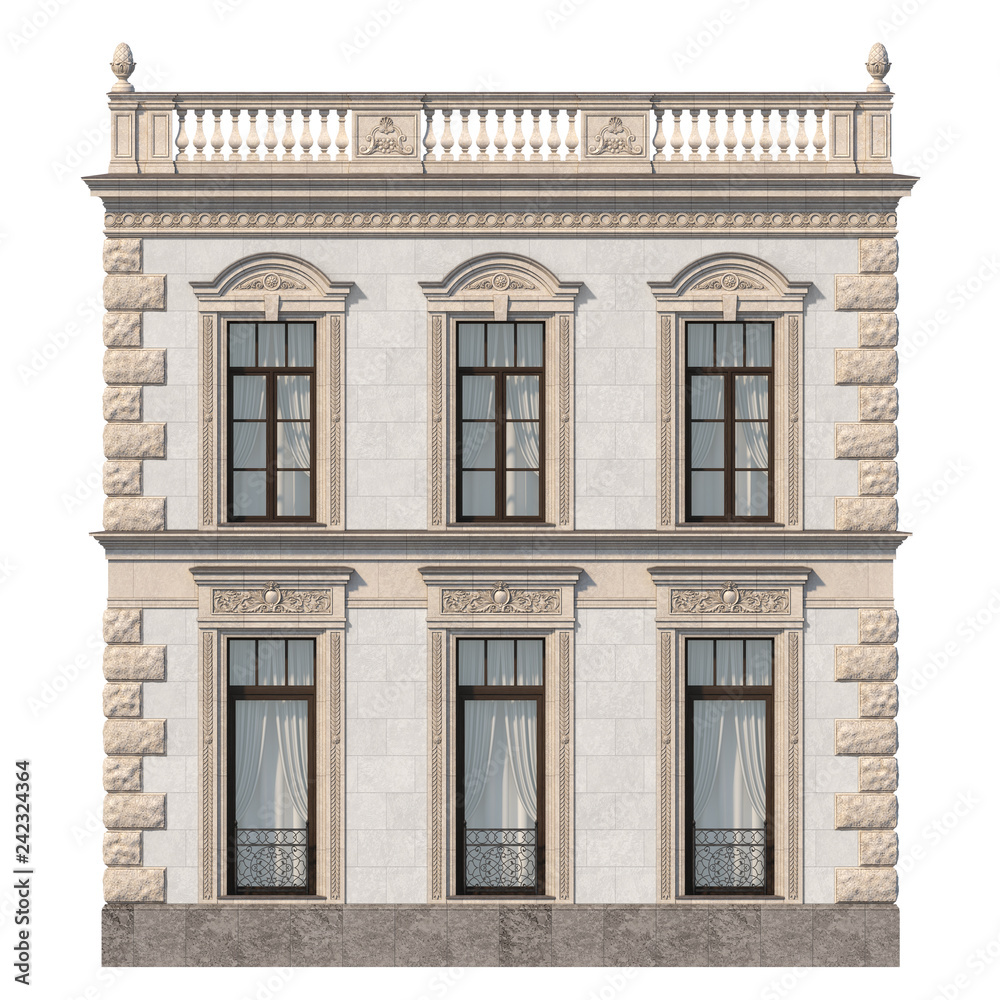 Stone facade of a classic house with windows. 3d rendering