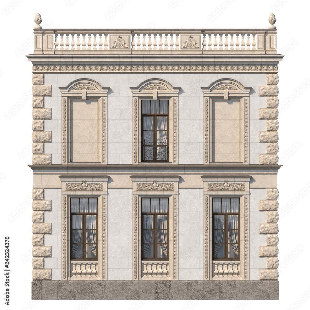 Stone facade of a classic house with windows and niches. 3d rendering