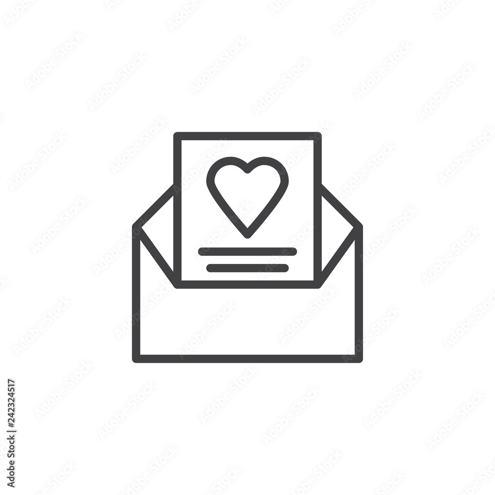 Envelope with love card line icon. linear style sign for mobile concept and web design. Love mail outline vector icon. Love and Valentine's Day symbol, logo illustration. Pixel perfect vector graphics Envelope with love card line icon. linear style sign for mobile concept and web design. Love mail outline vector icon. Love and Valentine's Day symbol, logo illustration. Pixel perfect vector graphics