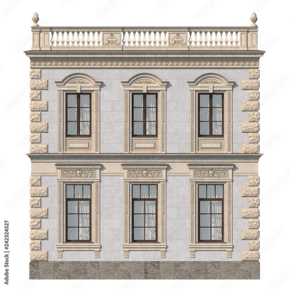 Stone facade of a classic house with windows. 3d rendering