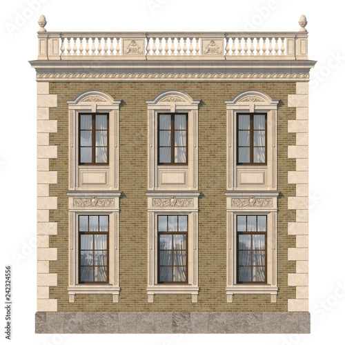 Brick facade of a classic-style house with windows. 3d rendering.