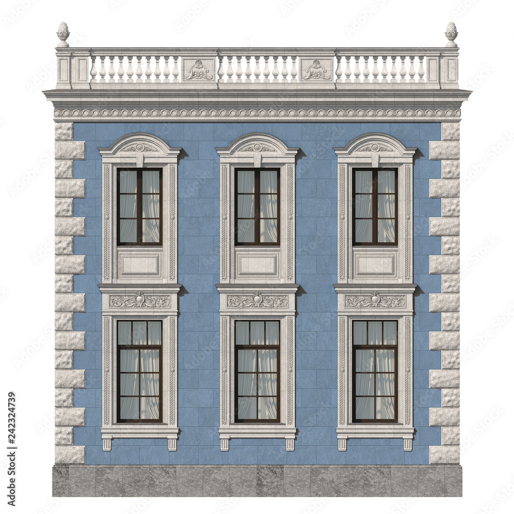 Stone facade of a classic house with windows. 3d rendering