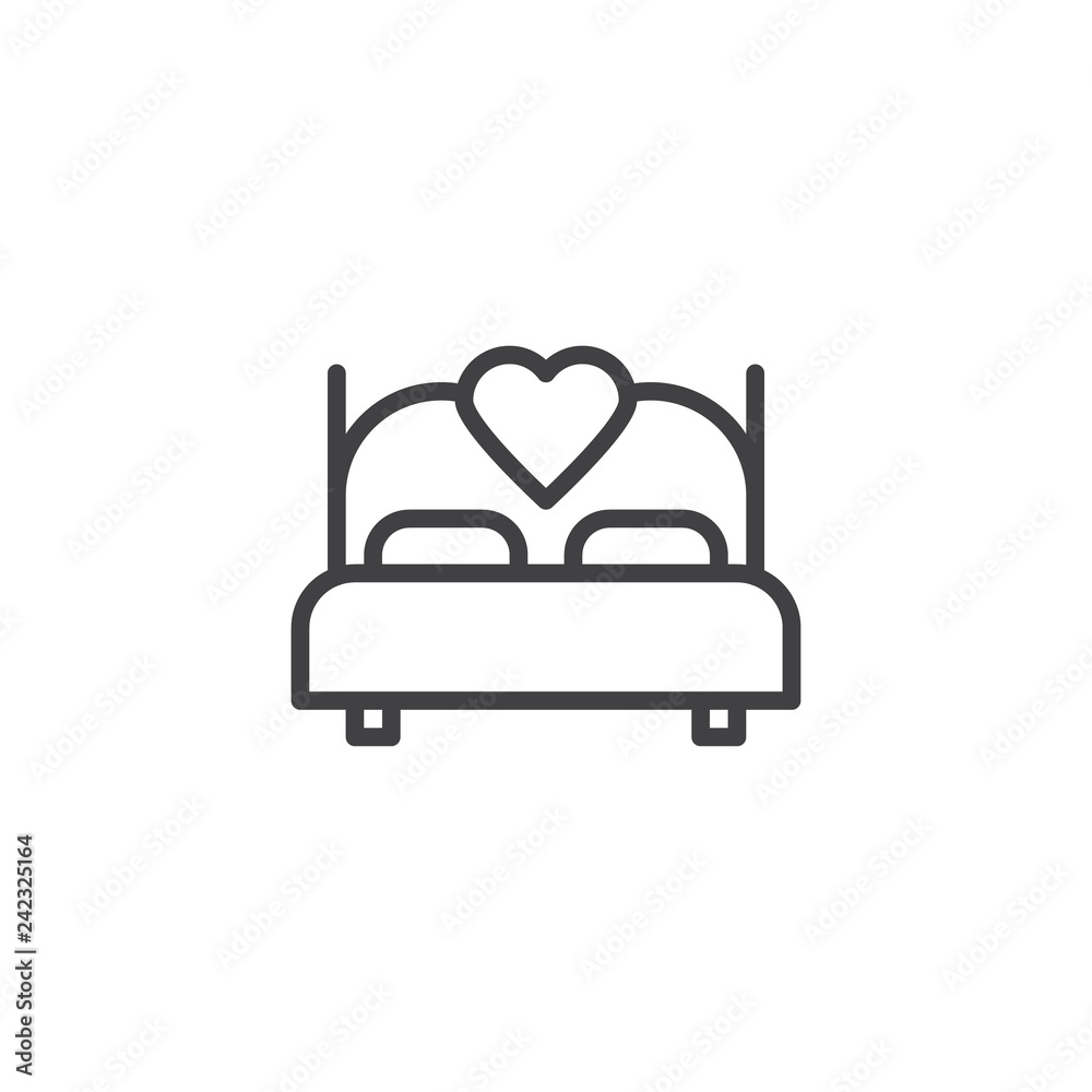 Bed with heart line icon. linear style sign for mobile concept and web design. Couple making love bed outline vector icon. Valentine's day symbol, logo illustration. Pixel perfect vector graphics Bed with heart line icon. linear style sign for mobile concept and web design. Couple making love bed outline vector icon. Valentine's day symbol, logo illustration. Pixel perfect vector graphics