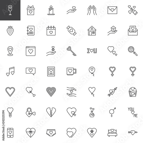 Love and Valentine's Day line icons set. linear style symbols collection, outline signs pack. vector graphics. Set includes icons as Calendar page, I love you text, Romantic music, Heart gift box 