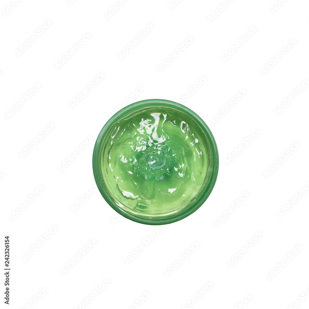 A Jar of Fresh Aloe Vera Gel isolated on white background, top of view.  Aloe Vera is natural remedy for sunburn relief. Natural alternative medicine.  Stock Photo