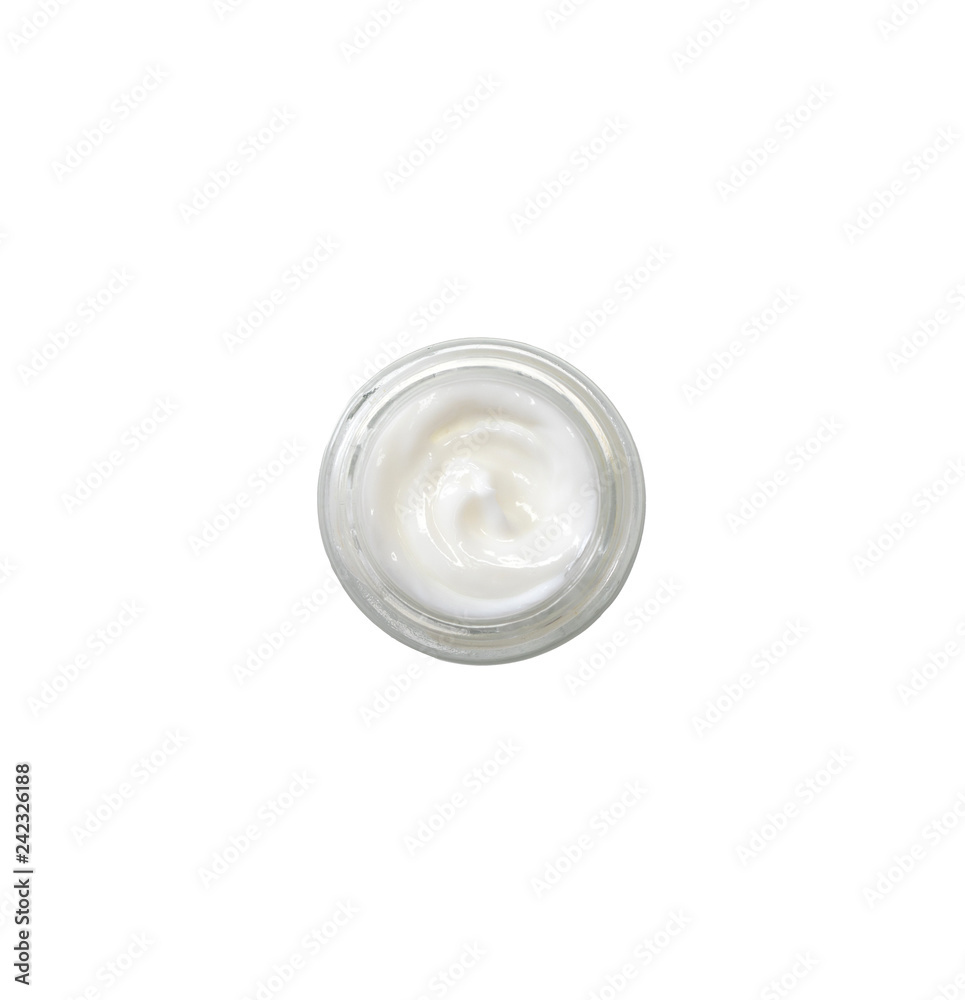 Cosmetic cream in a glass jar isolated on white background. Top view. Cosmetic cream in a glass jar isolated on white background. Top view.