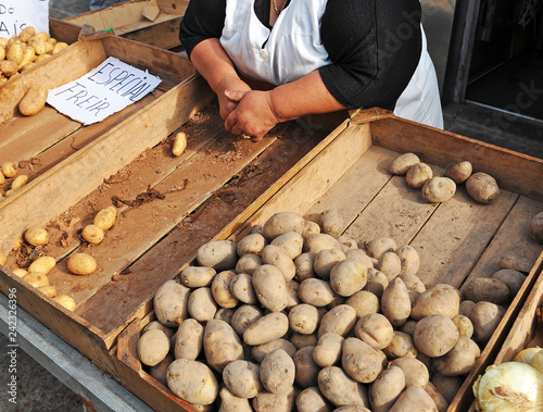 Vendedora de patatas en un puesto al aire libre en el mercado de Santiago de Compostela, Galicia, España