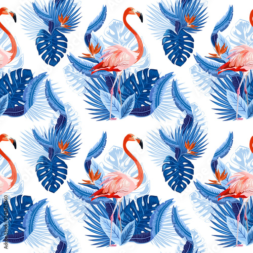 Vector seamless tropical pattern, exotic birds, vivid tropic foliage, with monstera leaf, palm leaves, bird of paradise flower. Pattern trend design.