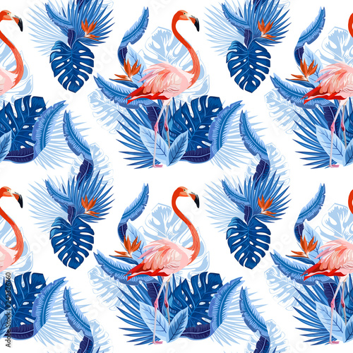 Vector seamless tropical pattern, exotic birds, vivid tropic foliage, with monstera leaf, palm leaves, bird of paradise flower. Pattern trend design.