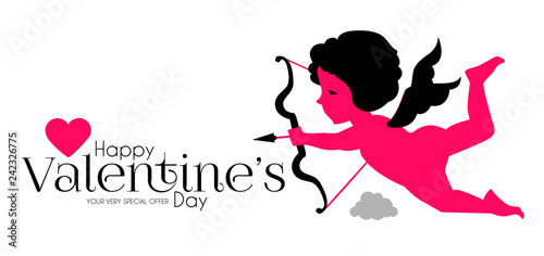 Happy Valentine s Day. Cute Design Template with Hearts, Cloud and Cupid Holding Bow and Arrow.