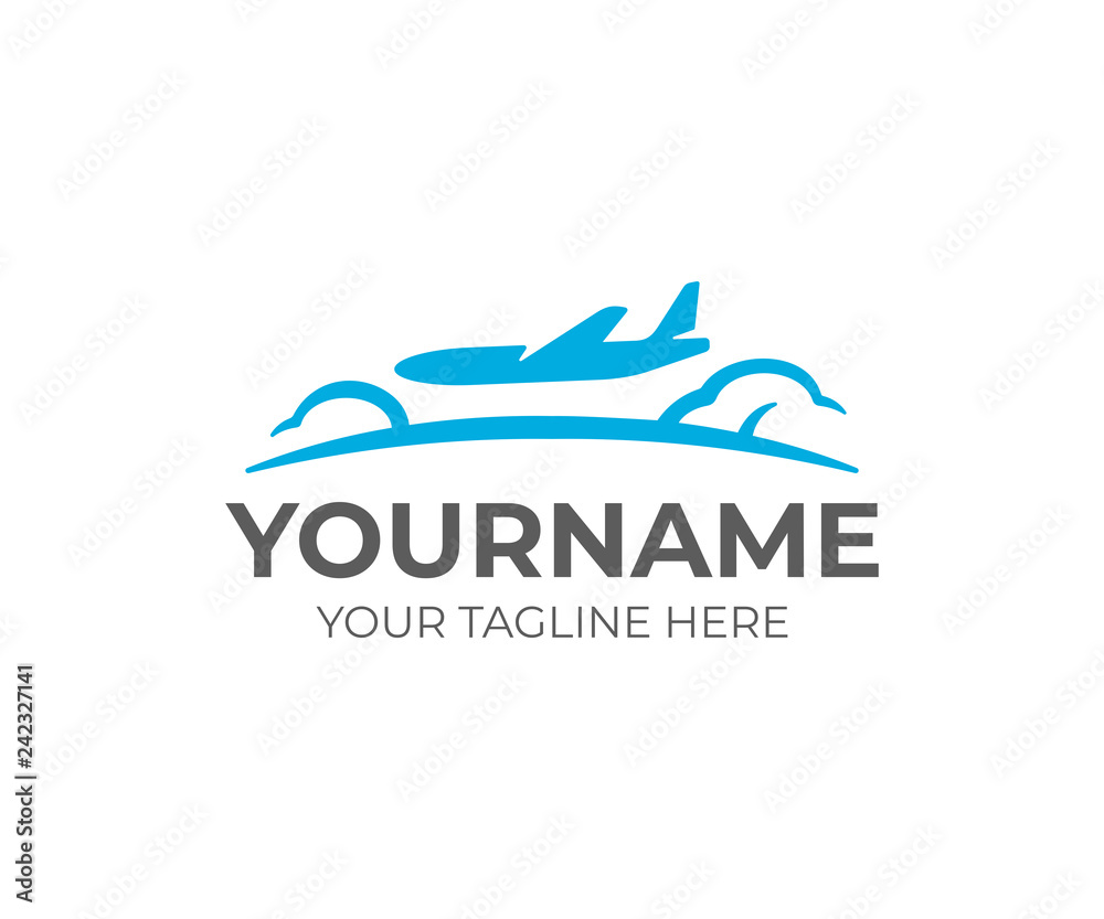 Aircraft flying above clouds logo design. Plane travel vector design. Airplane in the sky logotype Aircraft flying above clouds logo design. Plane travel vector design. Airplane in the sky logotype