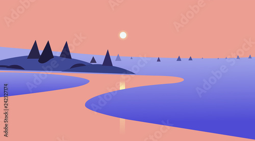 Nature landscape with sunset and reflection on river design.Vector illustration.Beautiful scene of nature.