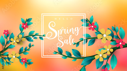 Spring Sale Banner with green leaf and colorful background. Vector Design for your greetings card, flyers,  web banner , invitation, posters, brochure, banners, calendar, spring sale.