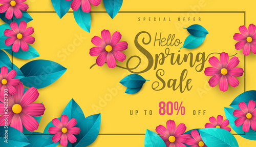 Spring Sale Banner with green leaf and colorful background. Vector Design for your greetings card, flyers,  web banner , invitation, posters, brochure, banners, calendar, spring sale.