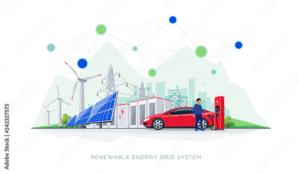 Flat vector illustration of renewable energy blockchain connected