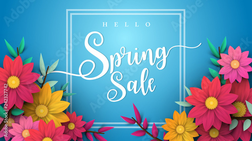Spring Sale Banner with leaf and colorful flowers. Vector Design for your greetings card, flyers,  web banner , invitation, posters, brochure, banners, calendar, spring sale.