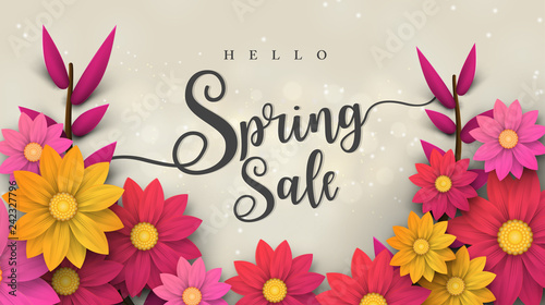 Spring Sale Banner with leaf and colorful flowers. Vector Design for your greetings card, flyers,  web banner , invitation, posters, brochure, banners, calendar, spring sale.