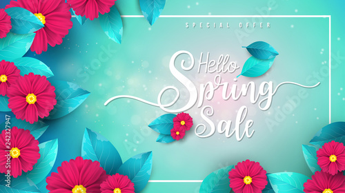 Spring Sale Banner with leaf and colorful flowers. Vector Design for your greetings card, flyers,  web banner , invitation, posters, brochure, banners, calendar, spring sale.