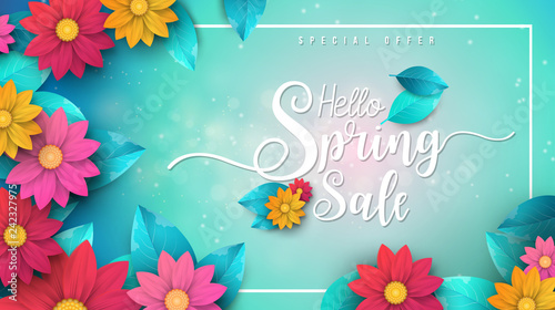 Spring Sale Banner with leaf and colorful flowers. Vector Design for your greetings card, flyers,  web banner , invitation, posters, brochure, banners, calendar, spring sale.