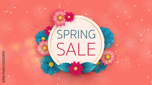 Spring Sale Banner with leaf and colorful flowers. Vector Design for your greetings card, flyers,  web banner , invitation, posters, brochure, banners, calendar, spring sale.