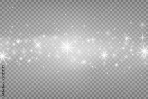 White sparks and silver shiny stars with light effect. Magic dust particles. Vector sparkles effect on transparent background. Christmas and New year abstract pattern. Vector illustration