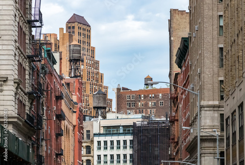 View of the old buildings and water towers in the Tribeca neighborhood of Manhattan  New York City