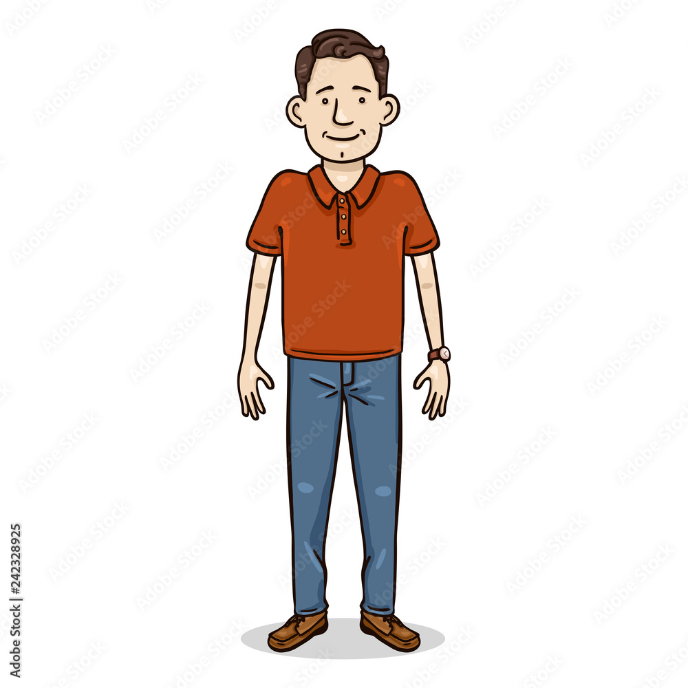Vector Cartoon Character - Young Man in Jeans and Red Shirt. Casual Outfit.