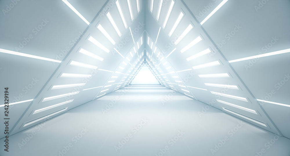 Obraz premium Abstract Triangle Spaceship corridor. Futuristic tunnel with light. Future interior background, business, sci-fi science concept. 3d rendering
