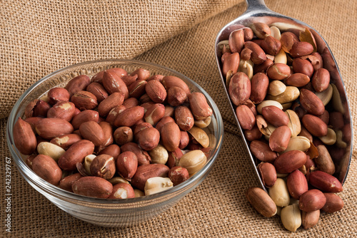 Tableau sur toile Glass bowl and metal scoop full of peeled peanuts and peanuts in nutshell on sac