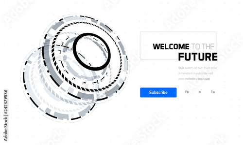 3D Futuristic Technology Elements Design. Landing Page, Big Data, Virtual Reality, Artificial Intelligence, Hologram Screen, Science Fiction, Security System. Vector EPS 10 Illustration