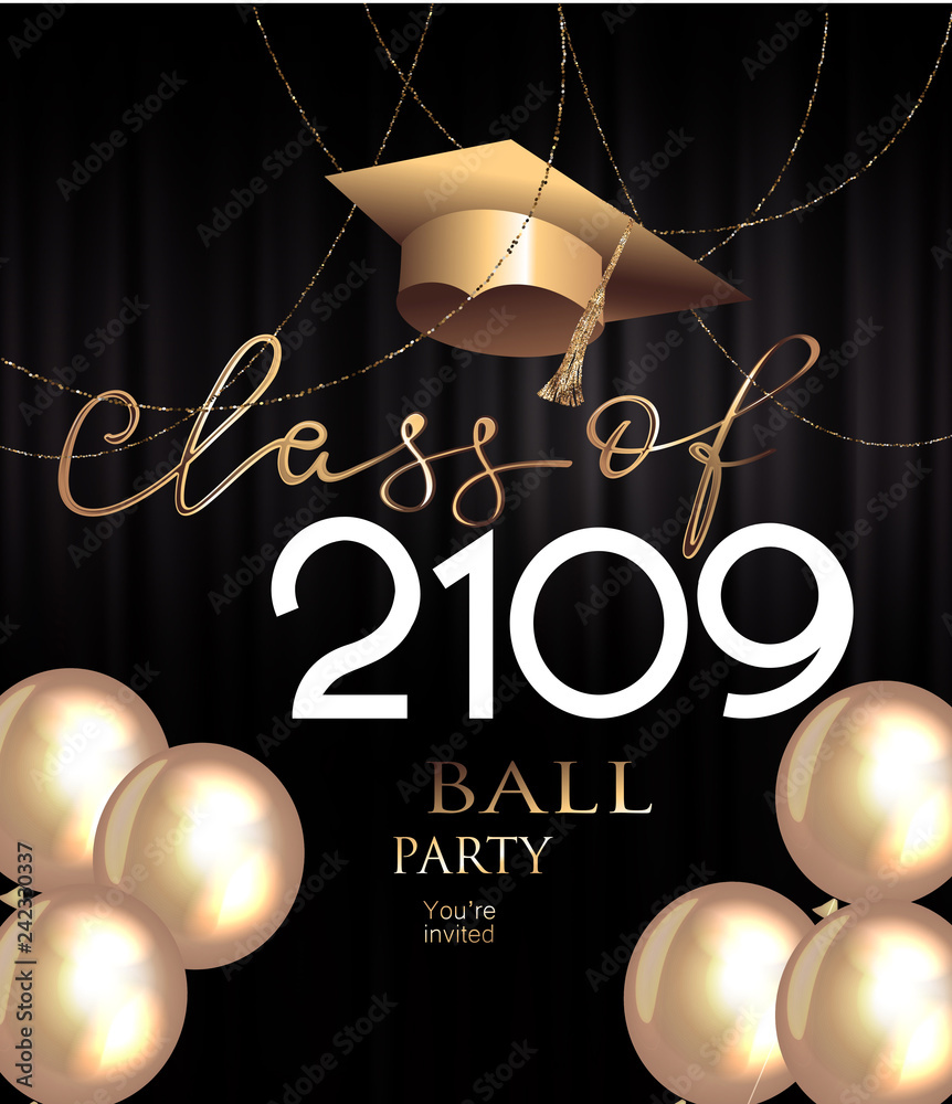 Graduation ball invitation card with gold deco objects. Vector illustration Stock Vector Adobe