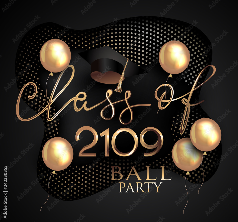 Graduation ball invitation card with gold halftone background and air balloons Stock