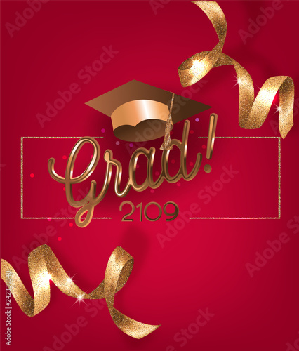 Graduation 2019 invitation red card with beautiful golden levitating ribbons and graduation caps. Vector illustration