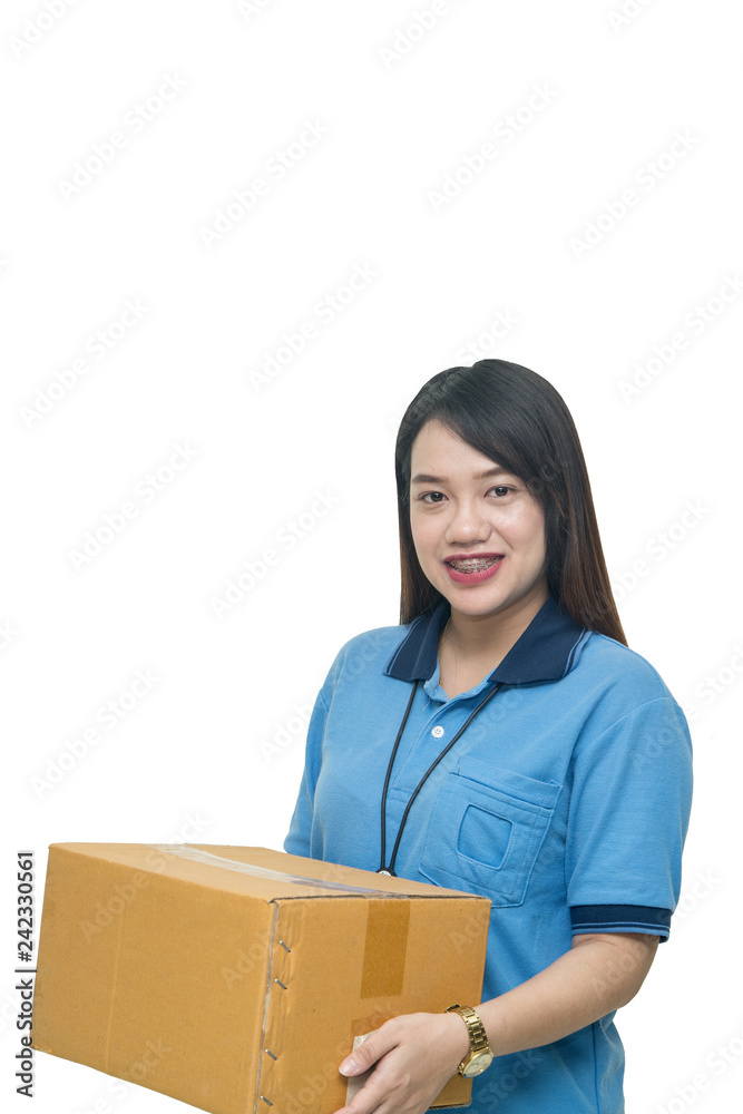 Professional asian delivery woman bring the cardboard box isolated on white, Asian pretty woman carrying box isolated on white Professional asian delivery woman bring the cardboard box isolated on white, Asian pretty woman carrying box isolated on white