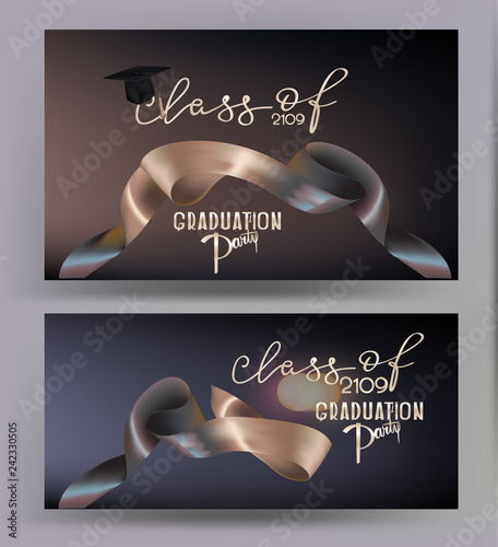 Graduation party elegant banners with two colored levitating ribbons. Vector illustration
