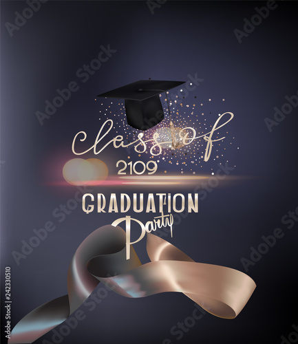 Graduation party elegant banner with two colored levitating ribbons. Vector illustration