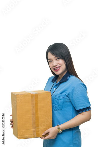 Professional asian delivery woman bring the cardboard box isolated on white, Asian pretty woman carrying box isolated on white