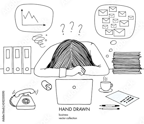 Young businesswoman laid her head down on the table. Telephone rings, a lot of inbox mails, bad schedule, no idea what to do. Hand drawn black and white vector sketch illustration isolated