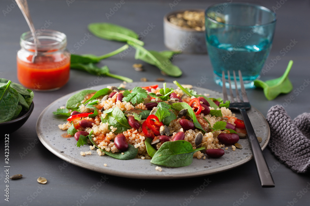 healthy bean and quinoa salad with spinach, chili healthy bean and quinoa salad with spinach, chili