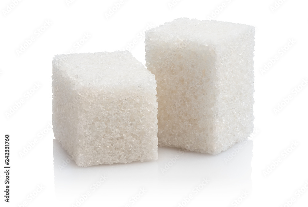 Close-up of two white sugar cubes, isolated on white background Close-up of two white sugar cubes, isolated on white background
