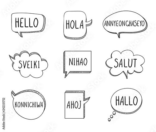 Vector Talk Bubbles with Hellos on Different Languages: English, Spanish, Korean, Lithuanian, Chinese, French, Japanese, Czech, German, Isolated.