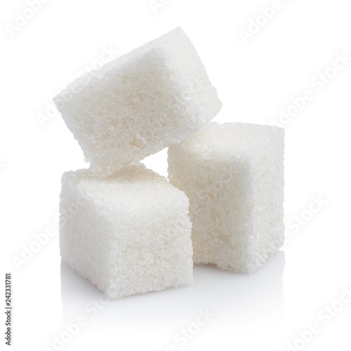 Fényképezés Close-up of three white sugar cubes, isolated on white background