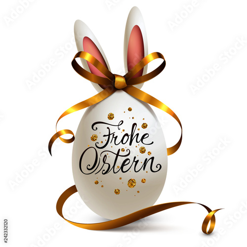 Osterei mit Kalligraphie, Goldschleife und Hasenohren - Frohe Ostern