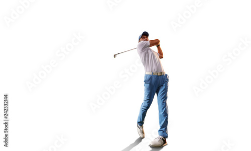 Male golf player on white background. Isolated golfer with golf club taking a shot