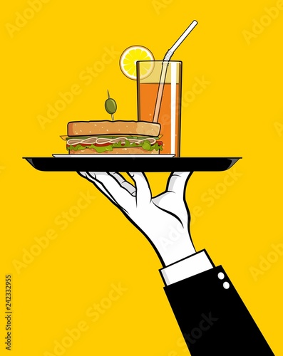 Waiter hand holding sandwich and orange juice on tray
