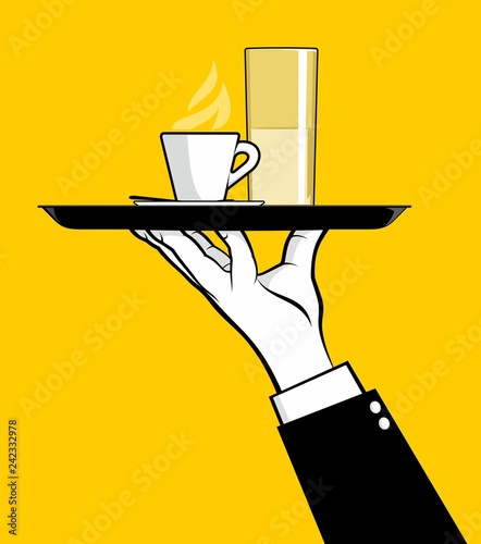 Waiter holding tray of coffee and water glass