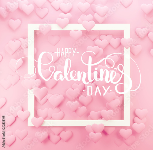 Valentine's day 3d illustration. Minimalist greeting card with many hearts and lettering text 'Happy Valentine's day'.